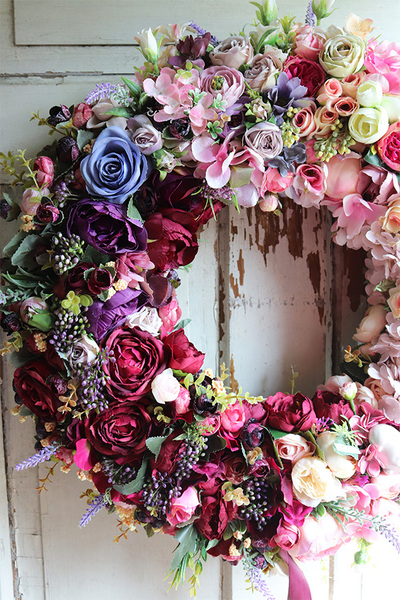 Bellania Jesienna, bogaty wianek kwiatowy z wstążkami, śr.54cm 