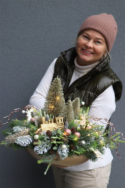 Gold Cecile, świąteczny stroik w szklanej misie LED, wys.34cm  