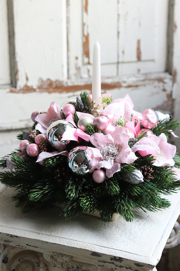 bogaty świąteczny stroik, Pink Magnolie, wym.24x39cm 