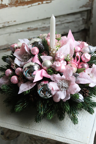 bogaty świąteczny stroik, Pink Magnolie, wym.24x39cm 