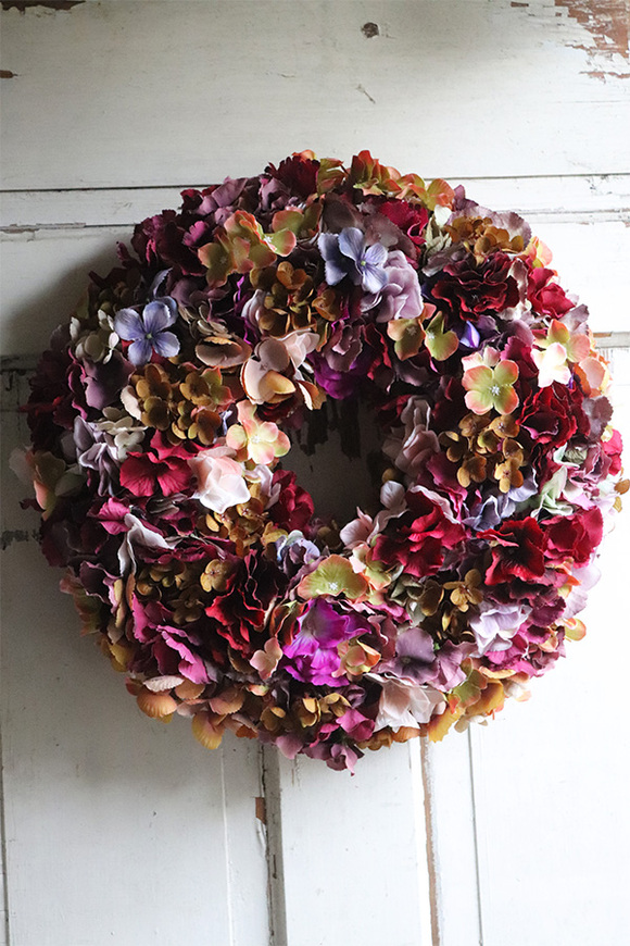 Brązowa Hortensja Nova, jesienny wianek na drzwi, śr.40cm