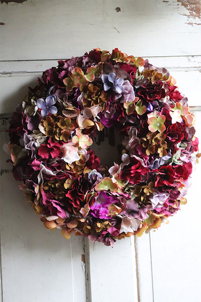 Brązowa Hortensja Nova, jesienny wianek na drzwi, śr.40cm