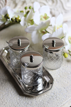 trzy słoiki na tacy, Lux Villa Silver Glamour, wym.9x21x9cm 