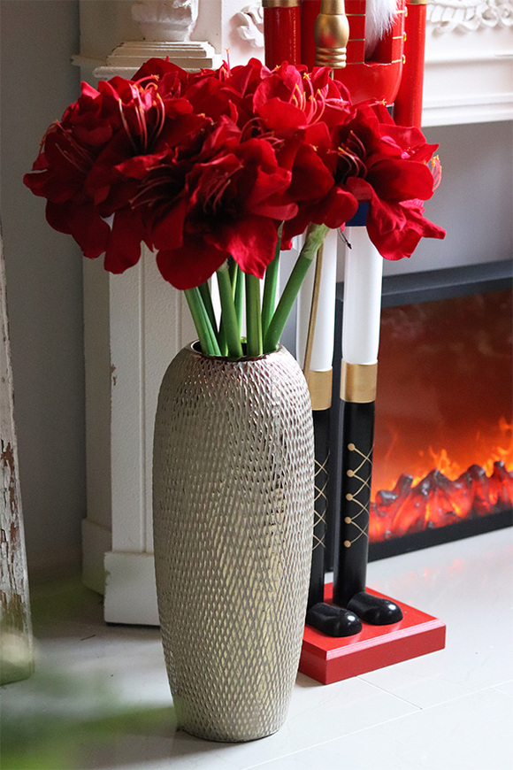 Red Bonfire, złoty wazon z amarylisami