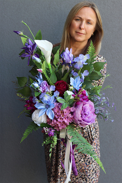 Fioletine, bukiet nagrobny z kalią i hortensją