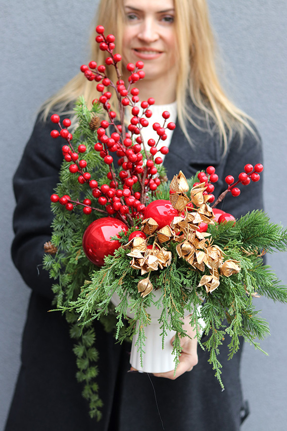 Amarylis Winter Gold C, świąteczna kompozycja w pucharze