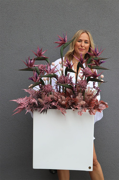 Violetera Fiberglass, sukulenty ze strelicjami w białej donicy, wys. 110cm