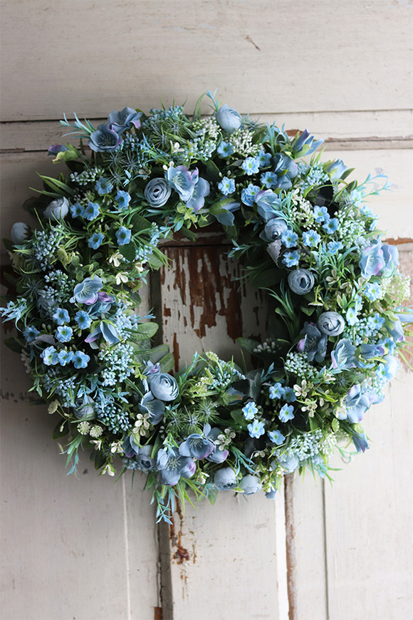 atrakcyjny niebieski wianek na drzwi, Niezabudkowo, śr.39cm 