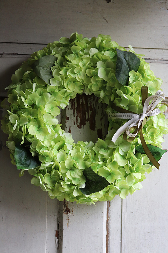 bogaty wianek z zielonych hortensji, Zielona Kraina, śr.40cm 