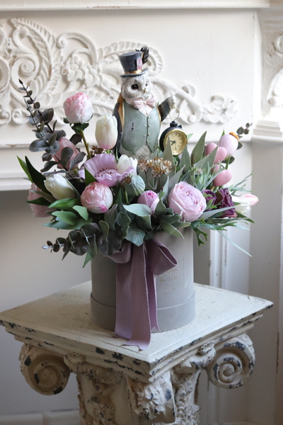 Mądra Sowa, flowerbox welurowy z figurką