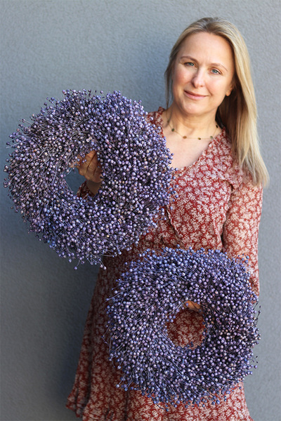 Ludowy Len, dekoracyjny wianek z suszu stabilizowanego, fioletowy