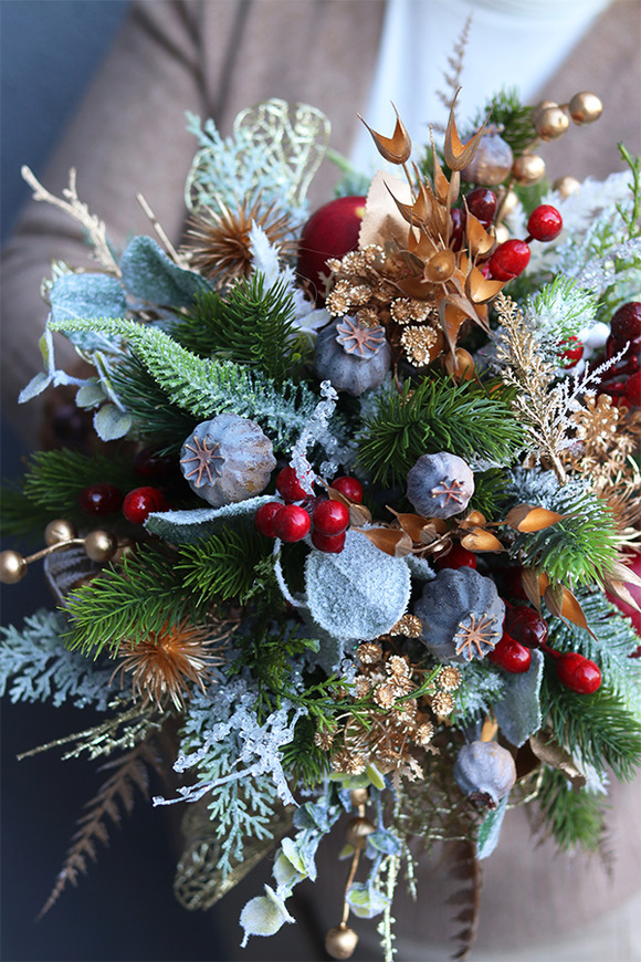 Gold Christmas, świąteczny stroik kompozycja w złotym wazonie