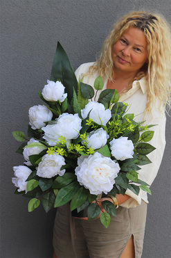 Biała Lukreta, bukiet nagrobny we wkładzie, dł.63cm