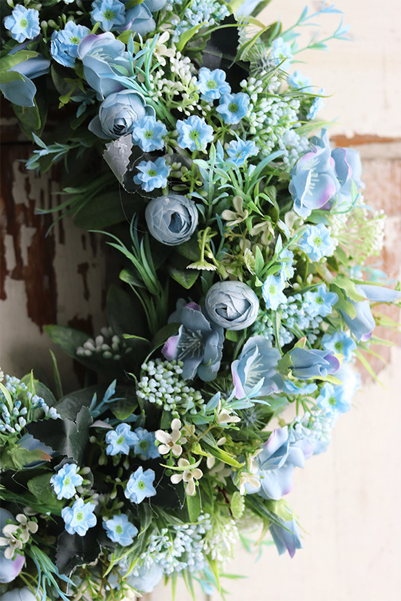 atrakcyjny niebieski wianek na drzwi, Niezabudkowo, śr.39cm 