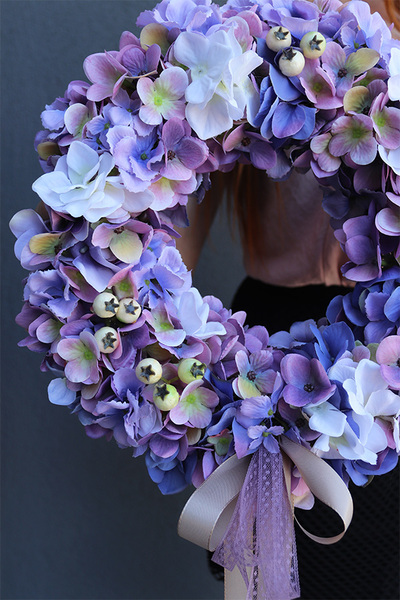 Asenia Hortensja, fioletowy wianek na drzwi, śr.40cm