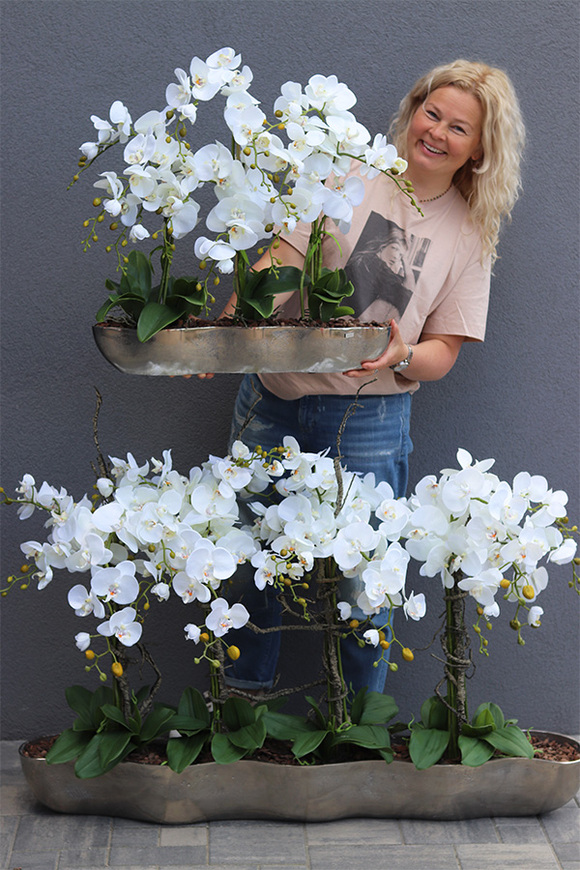 Snake Modern L, sztuczny storczyk w srebrnej donicy, wys.64cm