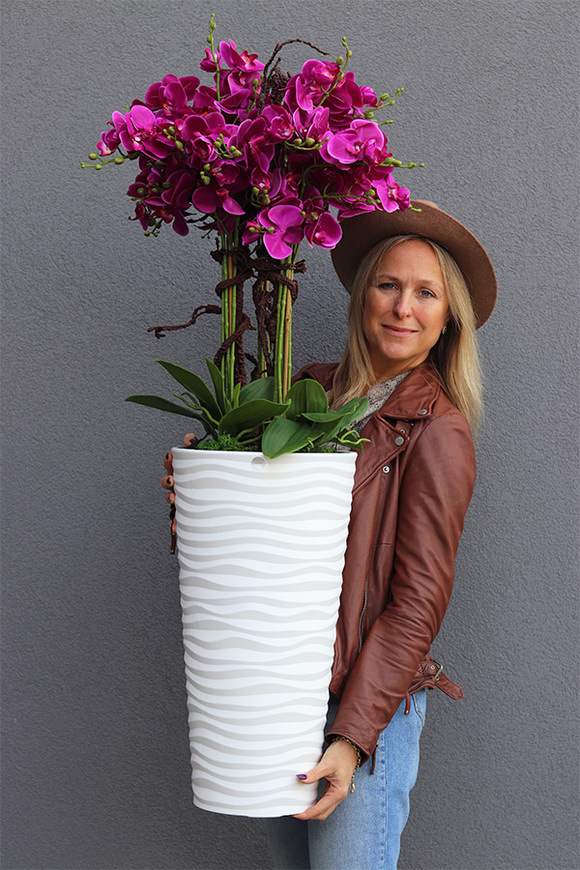 Gizelle Fuksja, wysoki sztuczny storczyk w białej donicy