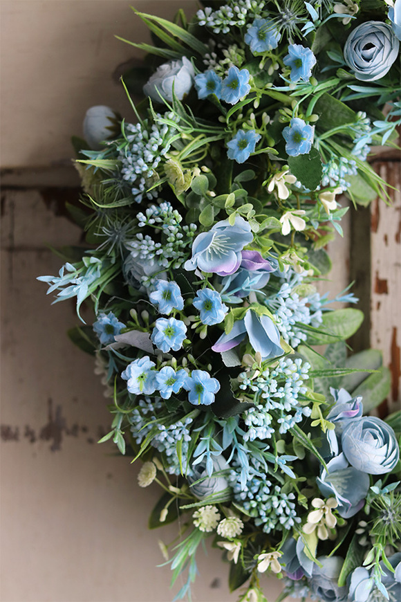 atrakcyjny niebieski wianek na drzwi, Niezabudkowo, śr.39cm 