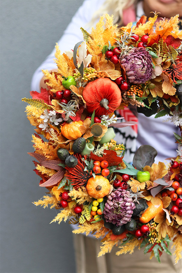 Velvet Fall, jesienny wianek z dyniami