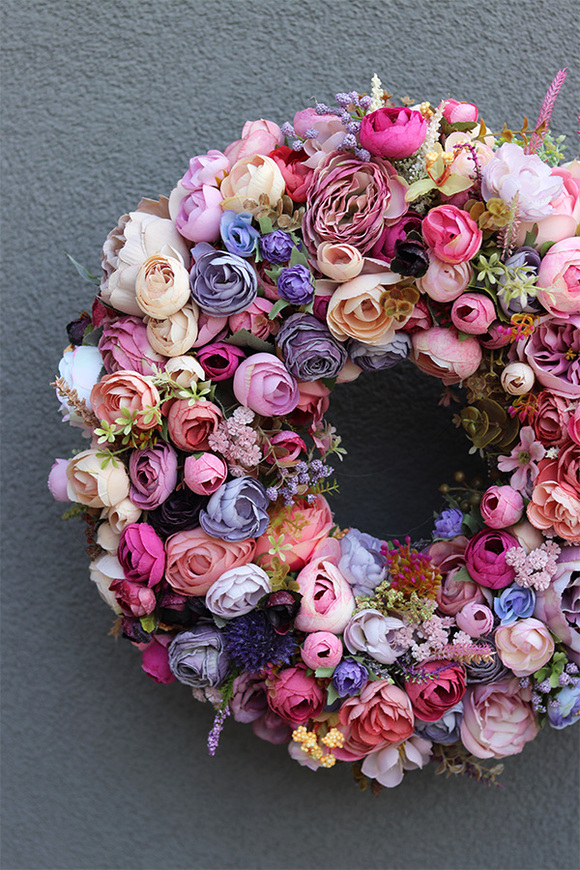 Jesienna Mantra, różowy wianek na drzwi, śr.40cm