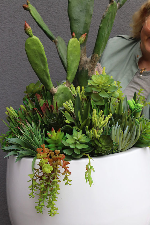 Desideria Cacti 3 Fiberglass, sukulenty z kaktusem w białej donicy