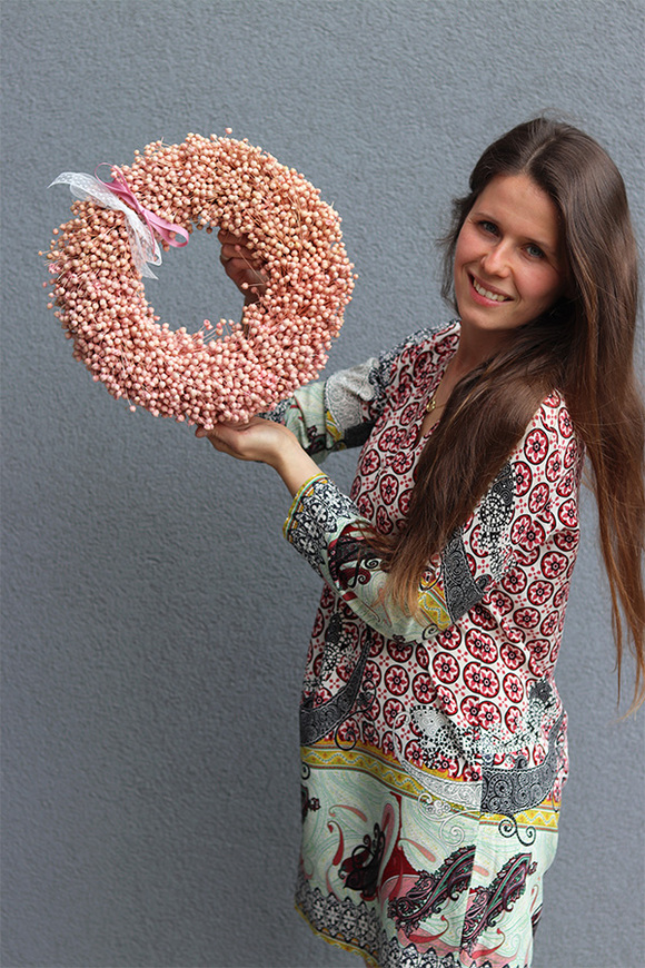 Ludowy Len, dekoracyjny wianek z suszu, różowy