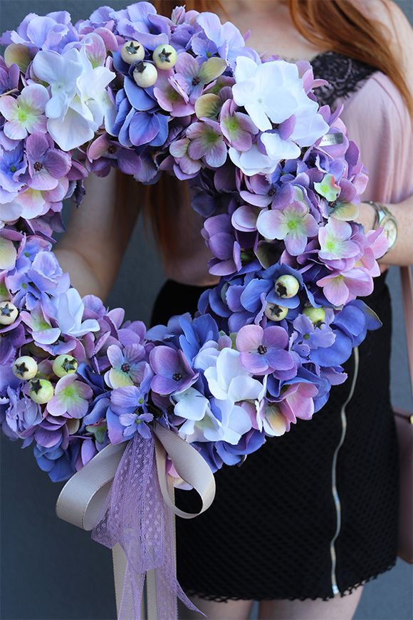 Asenia Hortensja, fioletowy wianek na drzwi, śr.40cm