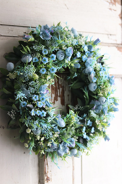 atrakcyjny niebieski wianek na drzwi, Niezabudkowo, śr.39cm 