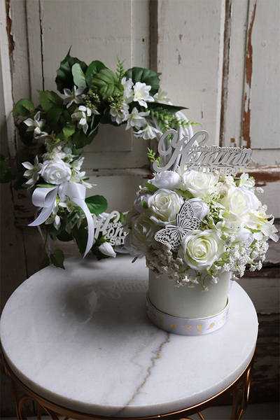 biały flowerbox komunijny, Bielli, wys.23cm