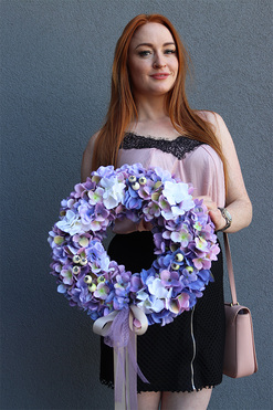 Asenia Hortensja, fioletowy wianek na drzwi, śr.40cm