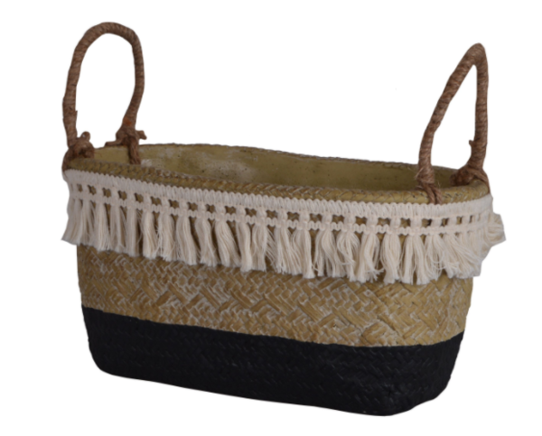 Boho Black, kosz podłużny / osłonka na donicę, ceramiczna, czarny, wym.28x15x14cm