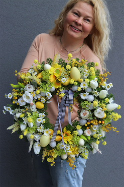 Żółta Wielkanoc Eggs, wianek na drzwi z kwiatami, śr.45cm