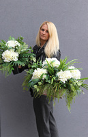 Jutra, komplet dekoracji nagrobnych z białymi hortensjami, kompozycja + bukiet