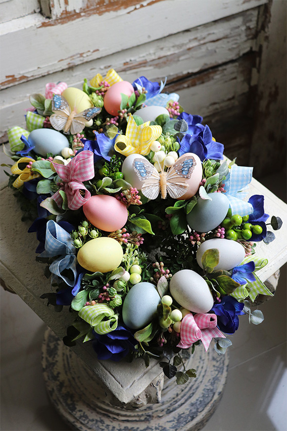 Butterfly Blue, wielkanocny wianek - stroik, śr.27cm