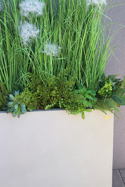 Moderni Concrete, sztuczna trawa z dmuchawcami w betonowej donicy,