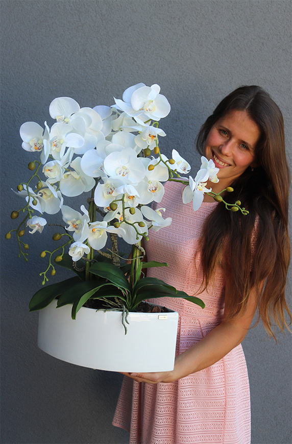 Manfredo Cream, sztuczny storczyk w białej donicy, wys.60cm