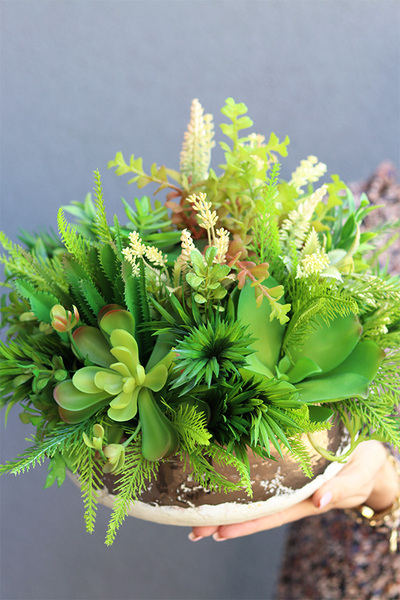 Rozkosz, kompozycja sukulenty w miedzianej misie