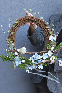 Jajo Wielkanocne Biel, wiosenny wianek z ptaszkiem, rozp.40cm