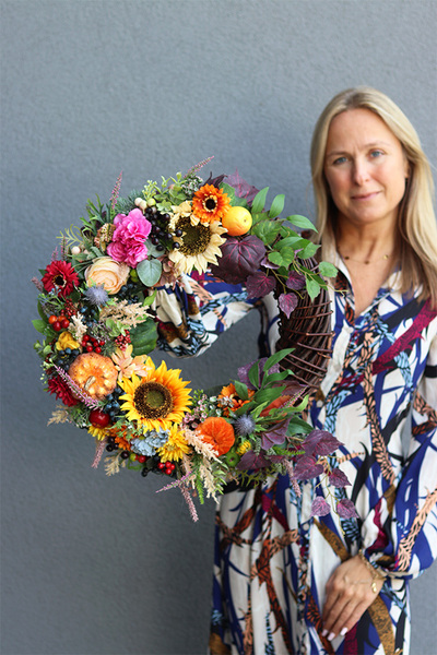 wianek jesienny z dynią i słonecznikiem, Kazimira Noleto