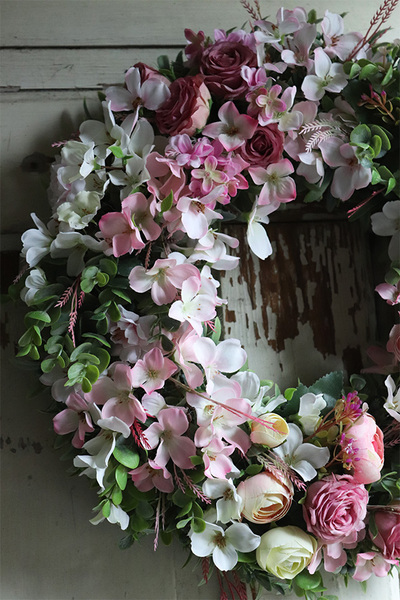 dekoracyjny różowy wianek, Pink & Green Canoe, śr. 40cm 