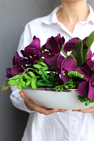 Dekoria Laos Oberżyna, sztuczny storczyk w łódce