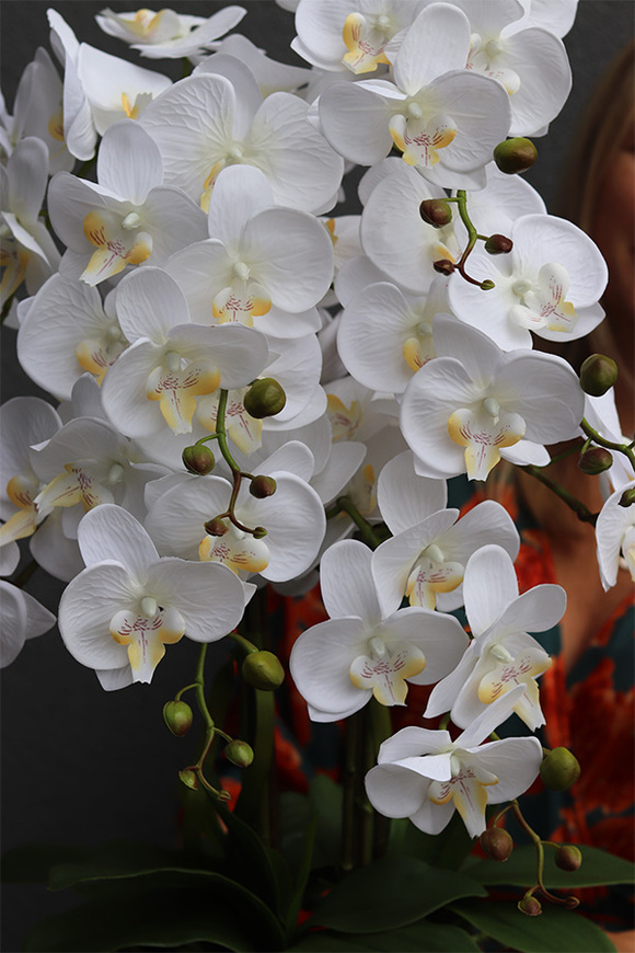 Kapitol White, sztuczny storczyk w biało-srebrnej donicy