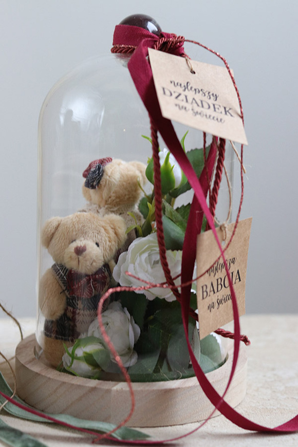 Teddy Red, kompozycja pod szklanym kloszem