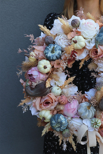 Dyniowy Sen, jesienny wianek z dyniami