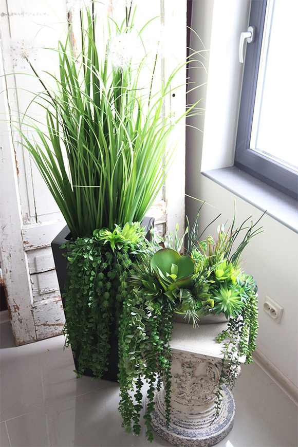 Fiberglass Restrino, trawy i sukulenty w donicy fiberglass, wys.161cm