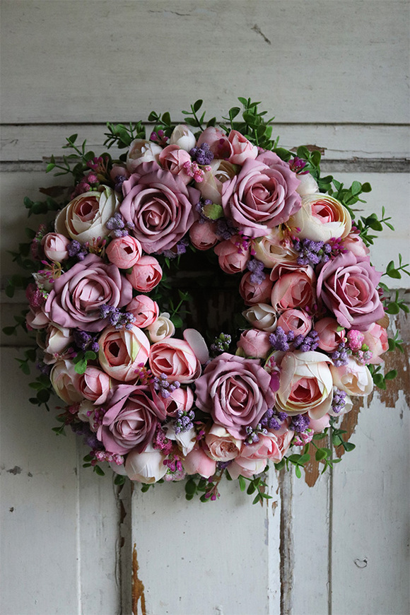 bogaty fioletowy wianek kwiatowy, Pralinesa, śr.32cm  