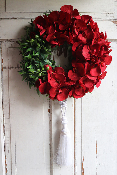 asymetryczny wianek z chwostem, Orchidelia Red Big, śr.42cm   