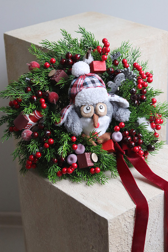 Świąteczny Puchacz, świąteczny wianek z sową
