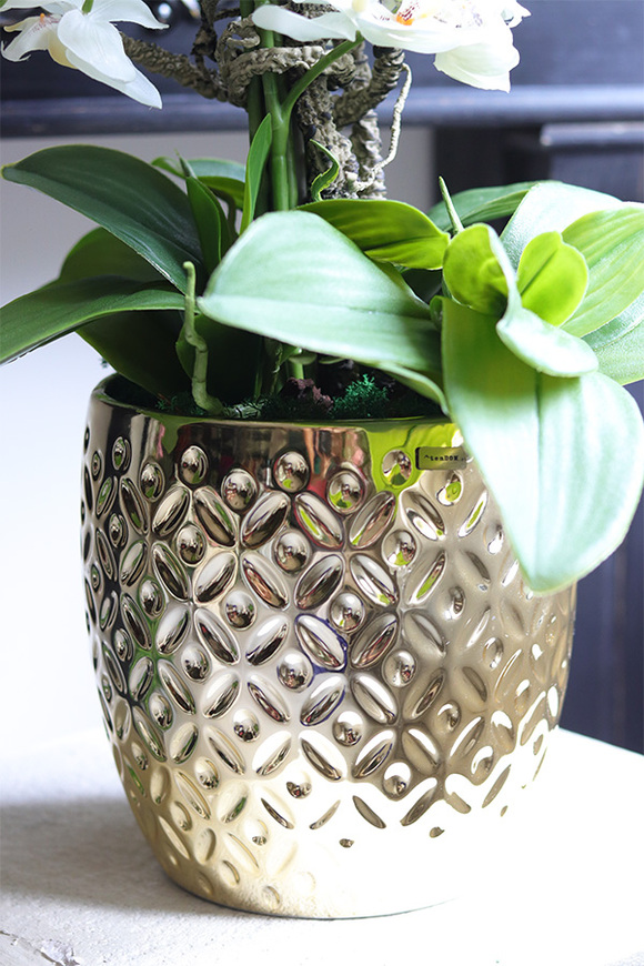 Gold Trettia Big, biały sztuczny storczyk w złotej donicy,