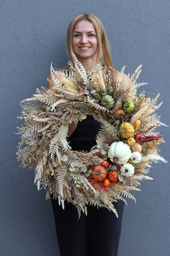 Boho House, wianek jesienny z wrzosami i dyniami, śr.58cm